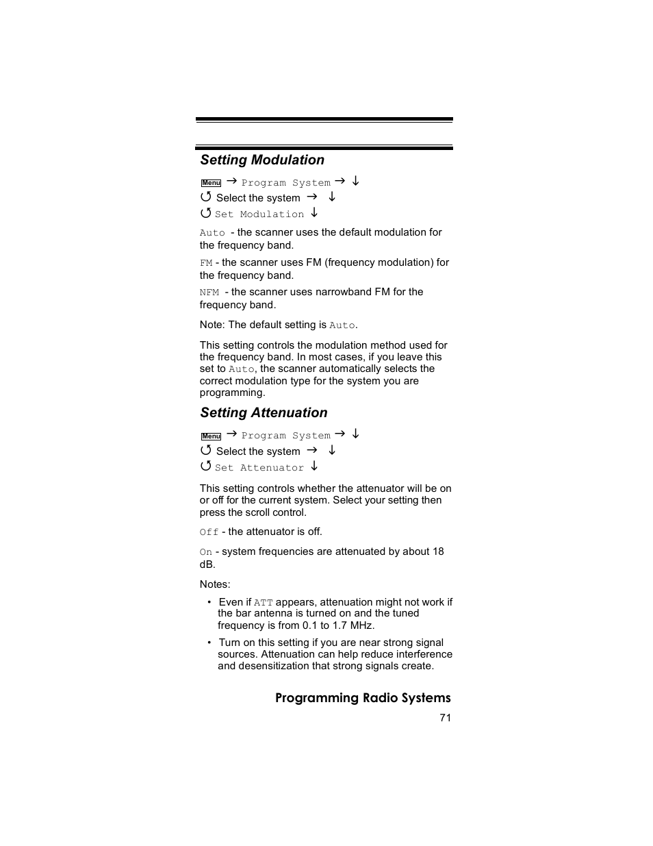 Setting modulation, Setting attenuation | Uniden BR330T User Manual | Page 71 / 156