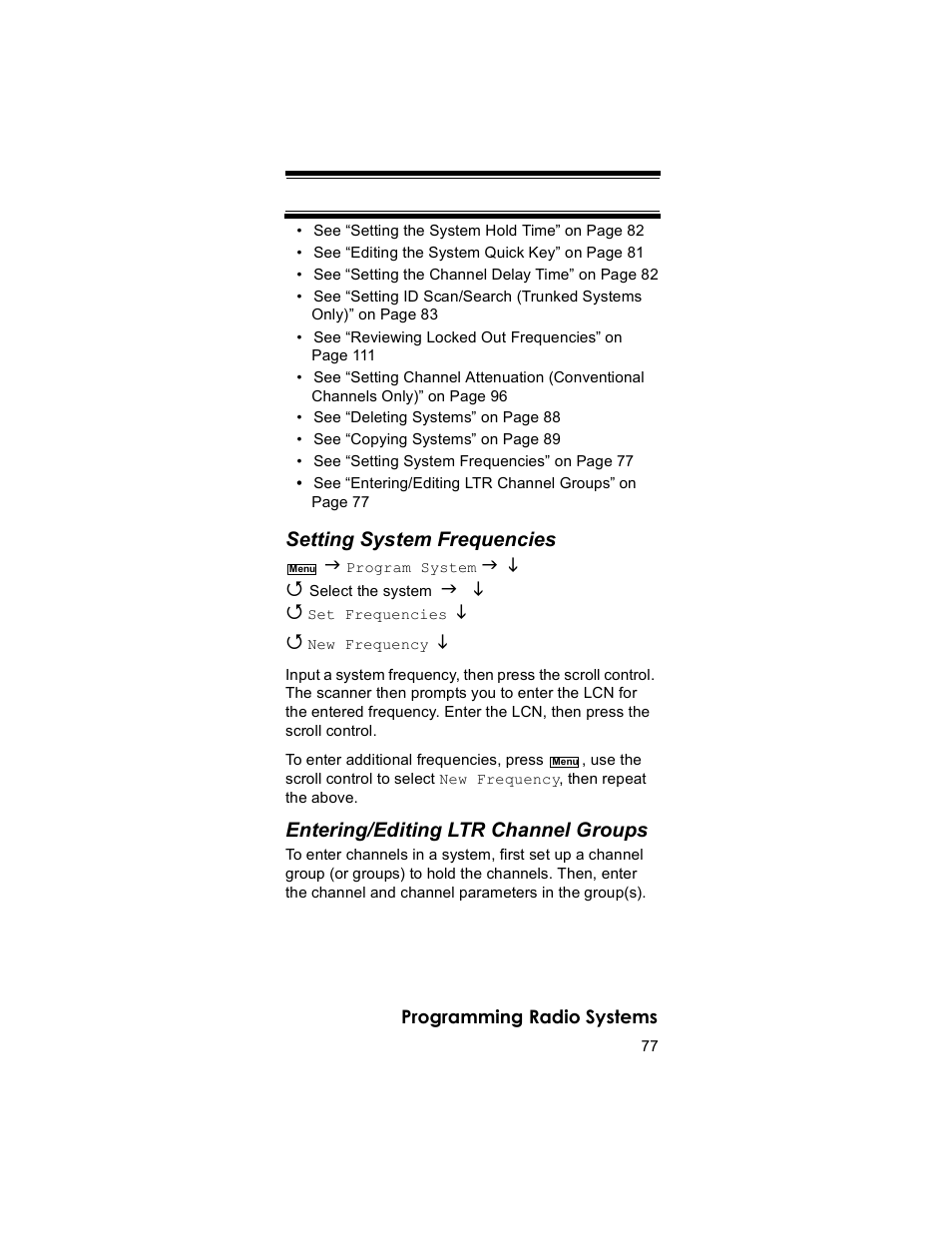 Setting system frequencies, Entering/editing ltr channel groups | Uniden BR330T User Manual | Page 77 / 156