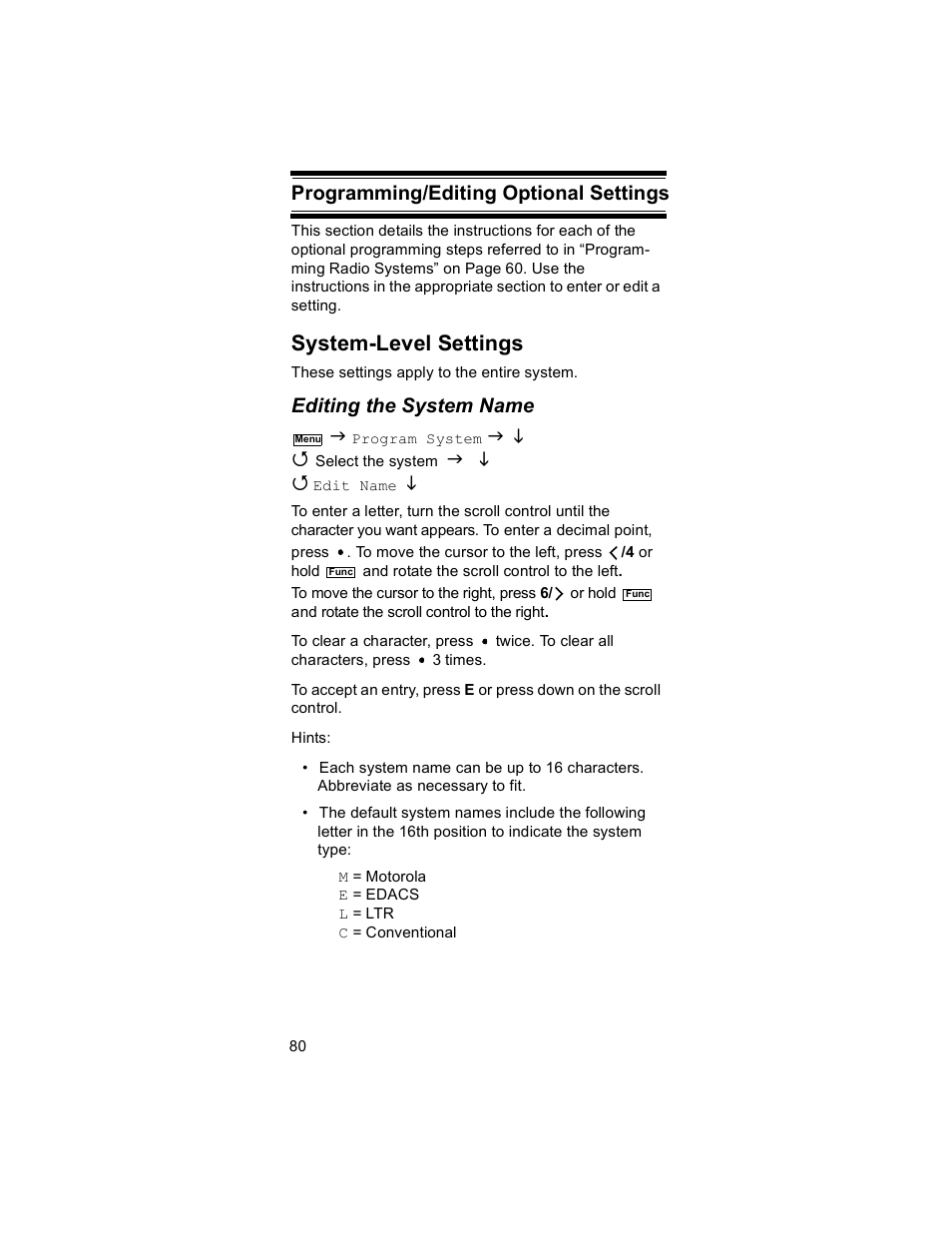 System-level settings, Programming/editing optional set- tings, Editing the system name | Programming/editing optional settings | Uniden BR330T User Manual | Page 80 / 156