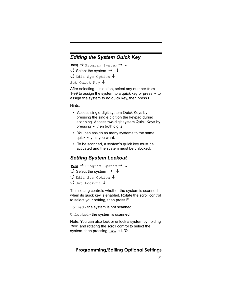 Editing the system quick key, Setting system lockout | Uniden BR330T User Manual | Page 81 / 156