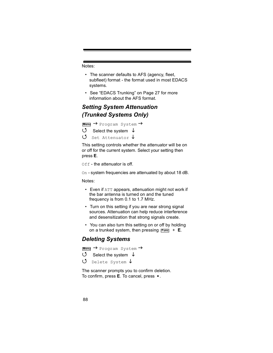 Setting system attenuation (trunked systems only), Deleting systems | Uniden BR330T User Manual | Page 88 / 156