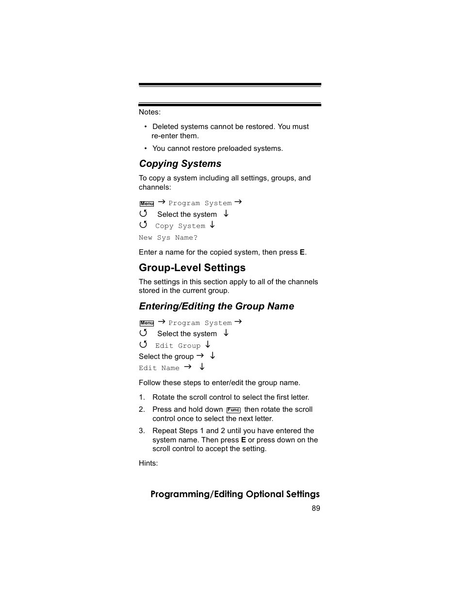 Group-level settings, Copying systems, Entering/editing the group name | Uniden BR330T User Manual | Page 89 / 156