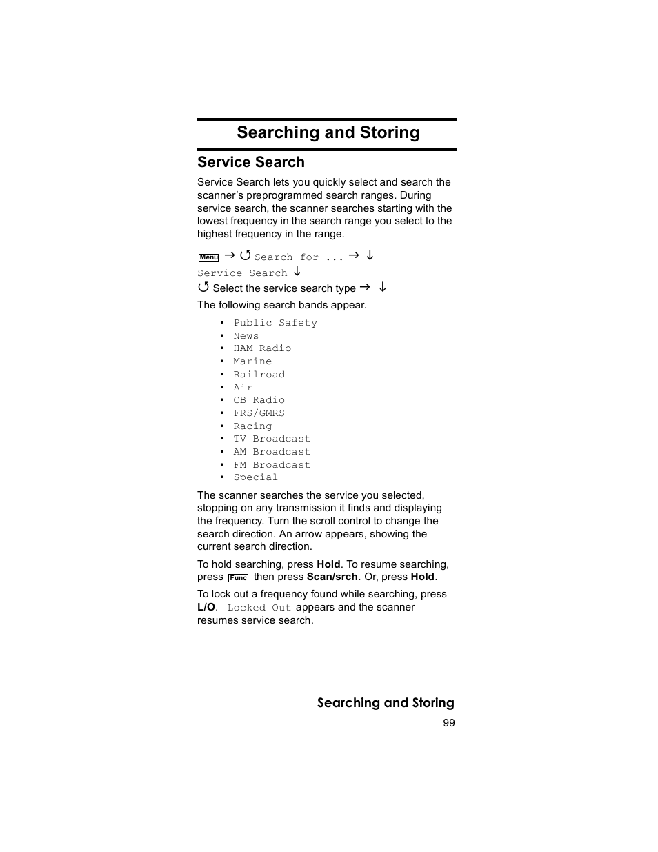 Searching and storing, Searching and storing service search | Uniden BR330T User Manual | Page 99 / 156