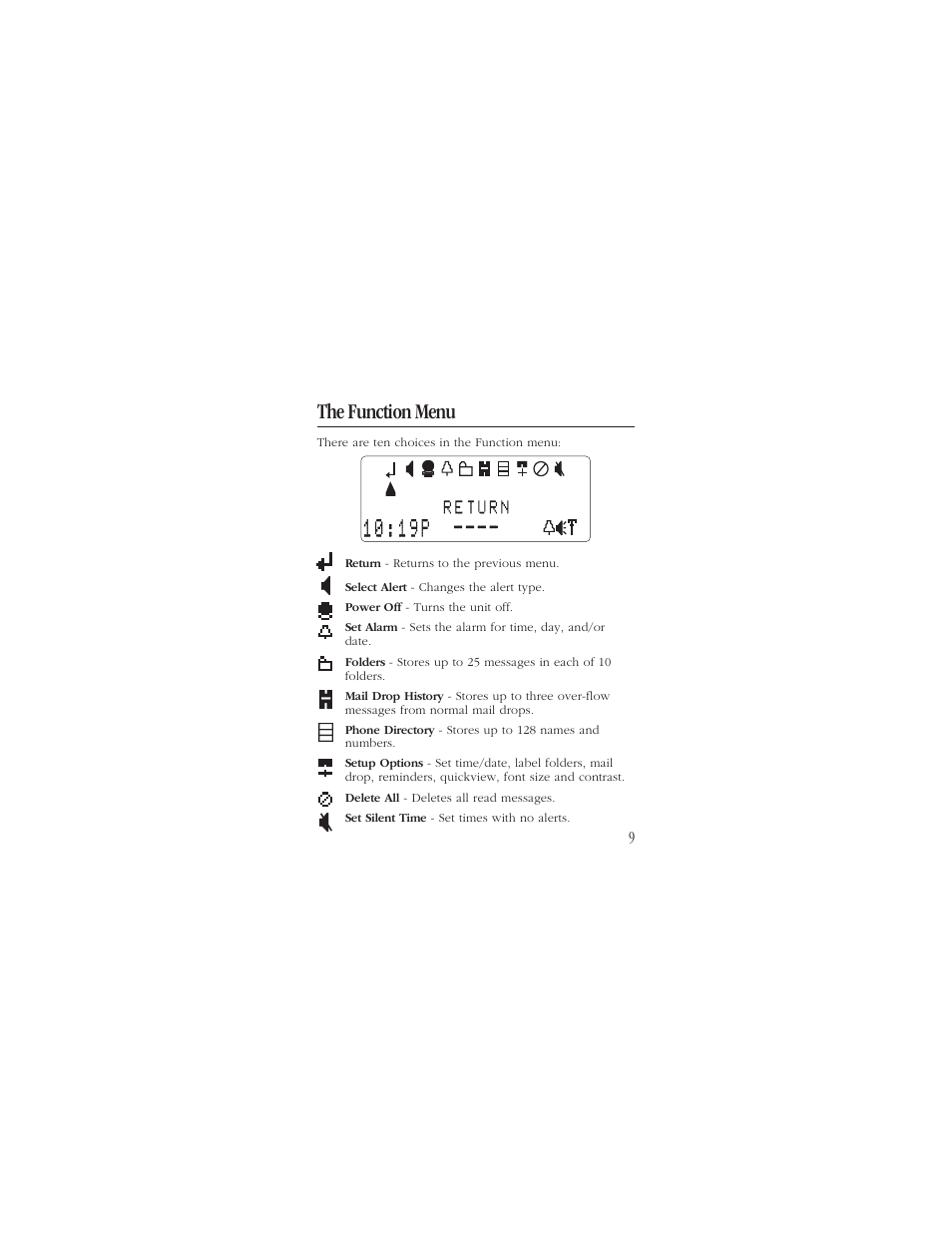 The function menu 9, The function menu | Uniden ALP9094 User Manual | Page 11 / 32