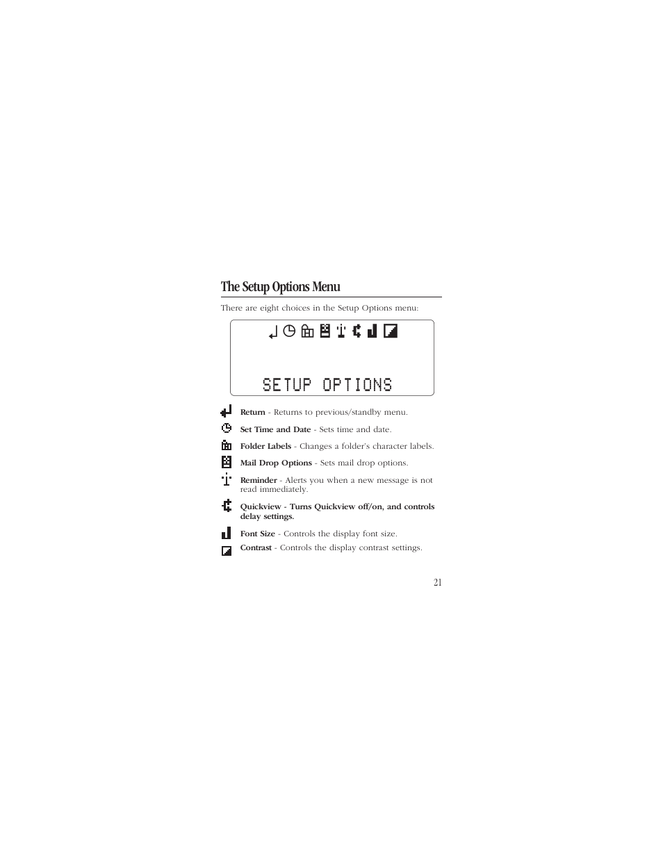 The setup options menu 21, The setup options menu | Uniden ALP9094 User Manual | Page 23 / 32