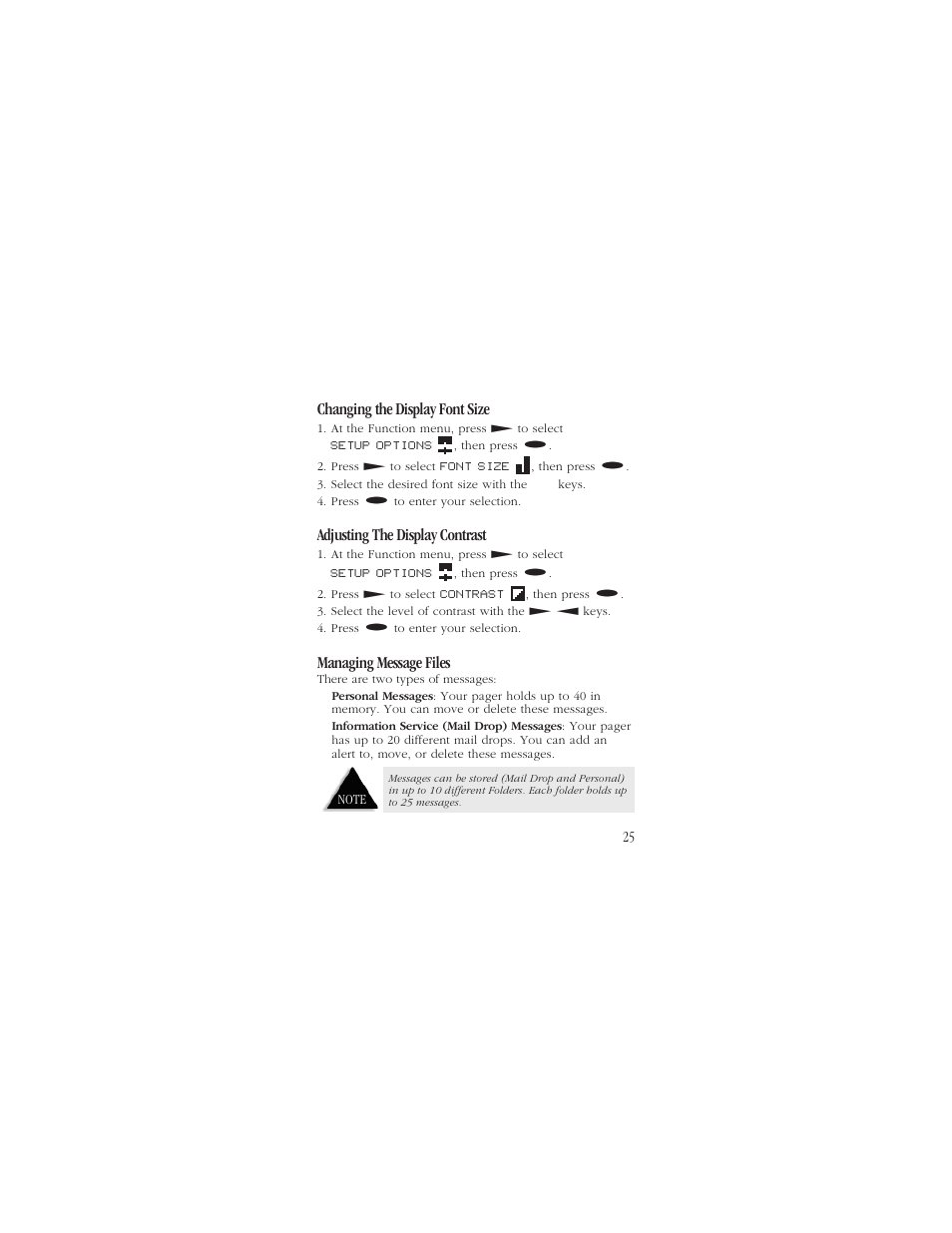 Changing the display font size, Adjusting the display contrast, Managing message files | Uniden ALP9094 User Manual | Page 27 / 32