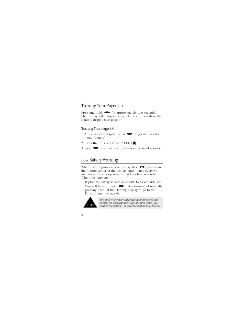 Low battery warning 4, Turning your pager on, Low battery warning | Turning yourpageroff | Uniden ALP9094 User Manual | Page 6 / 32