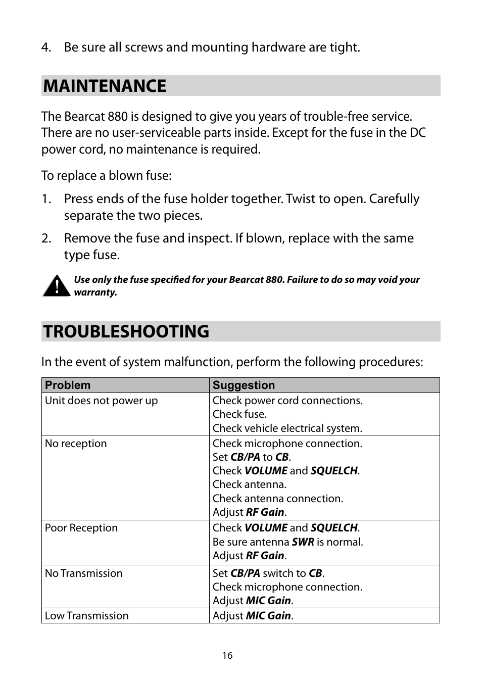 Maintenance, Troubleshooting | Uniden 880 User Manual | Page 16 / 22