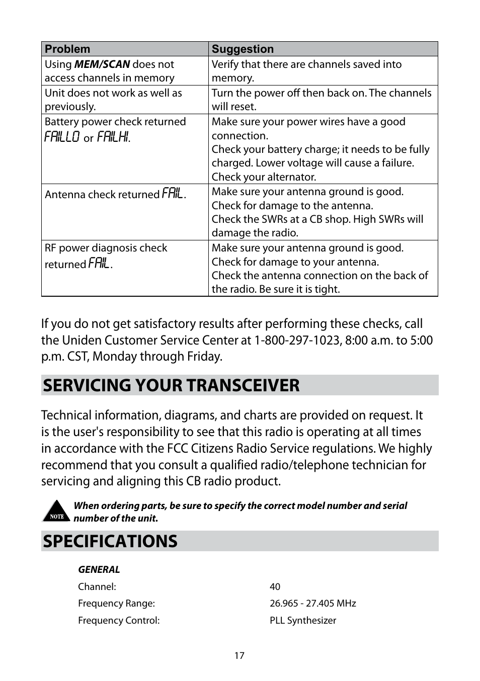 Servicing your transceiver, Specifications, Faillo | Failhi, Fail | Uniden 880 User Manual | Page 17 / 22