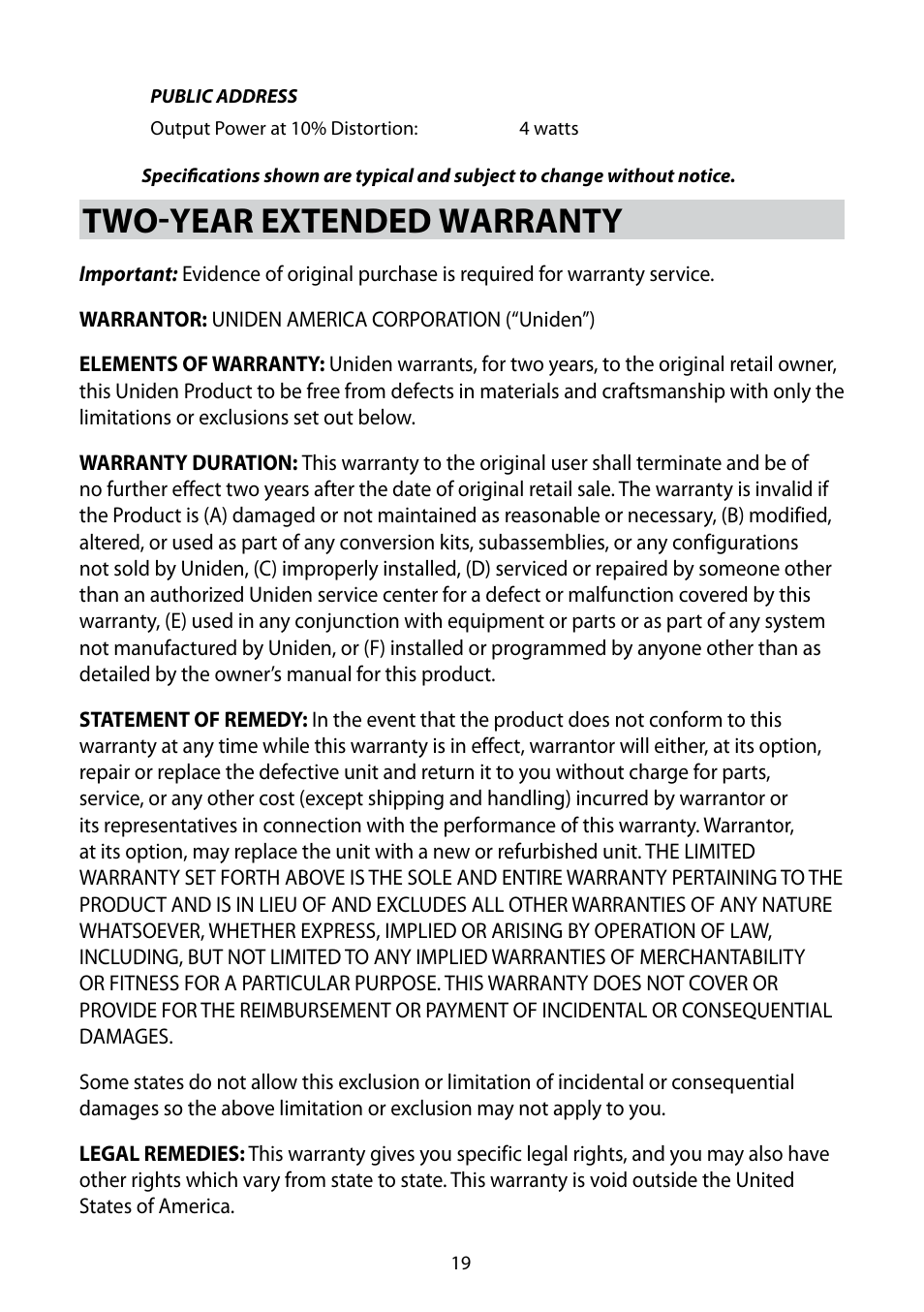 Two-year extended warranty | Uniden 880 User Manual | Page 19 / 22