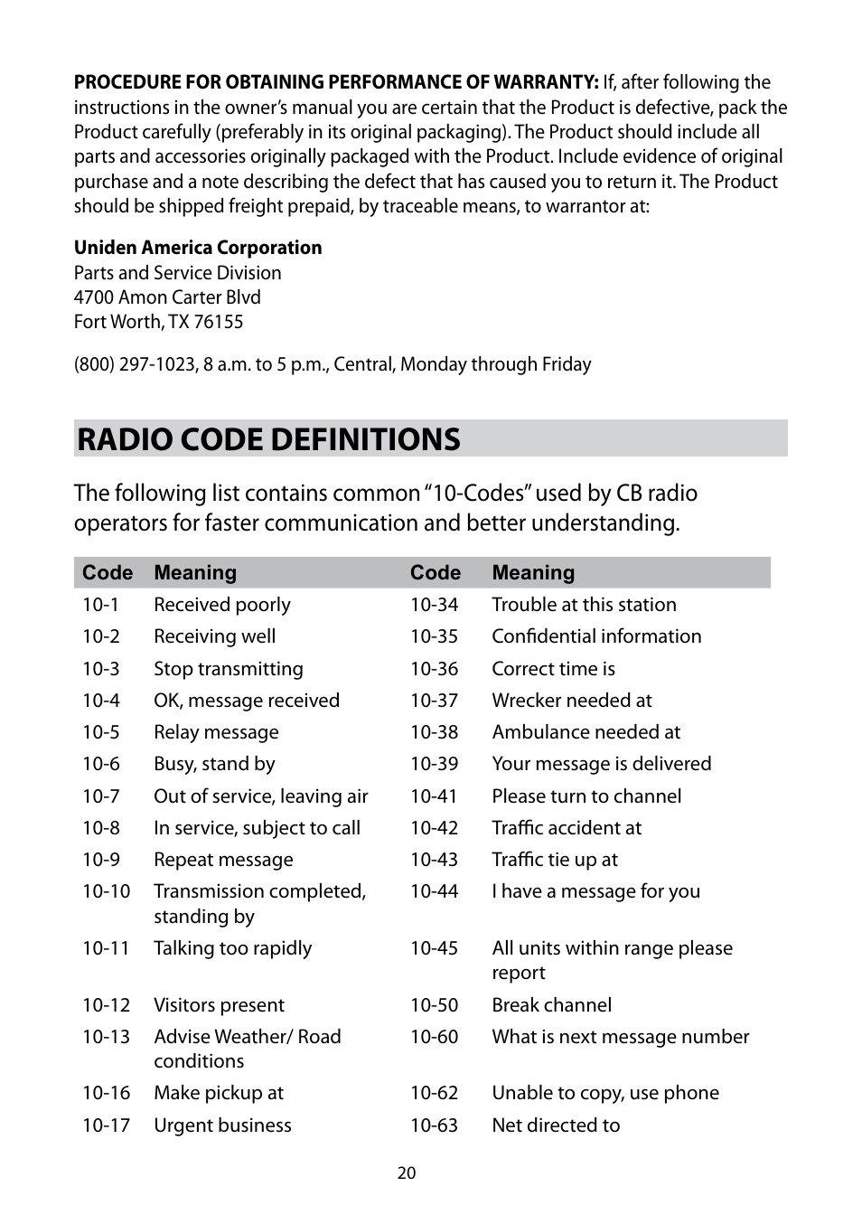 Radio code definitions | Uniden 880 User Manual | Page 20 / 22