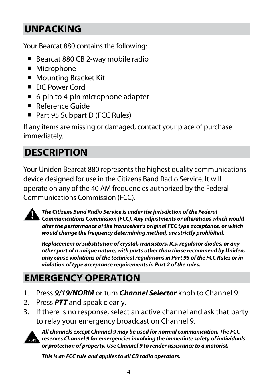 Unpacking, Description, Emergency operation | Uniden 880 User Manual | Page 4 / 22