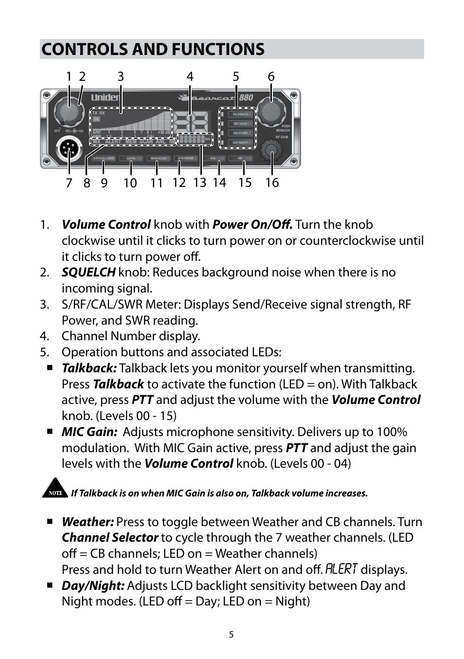 Controls and functions | Uniden 880 User Manual | Page 5 / 22