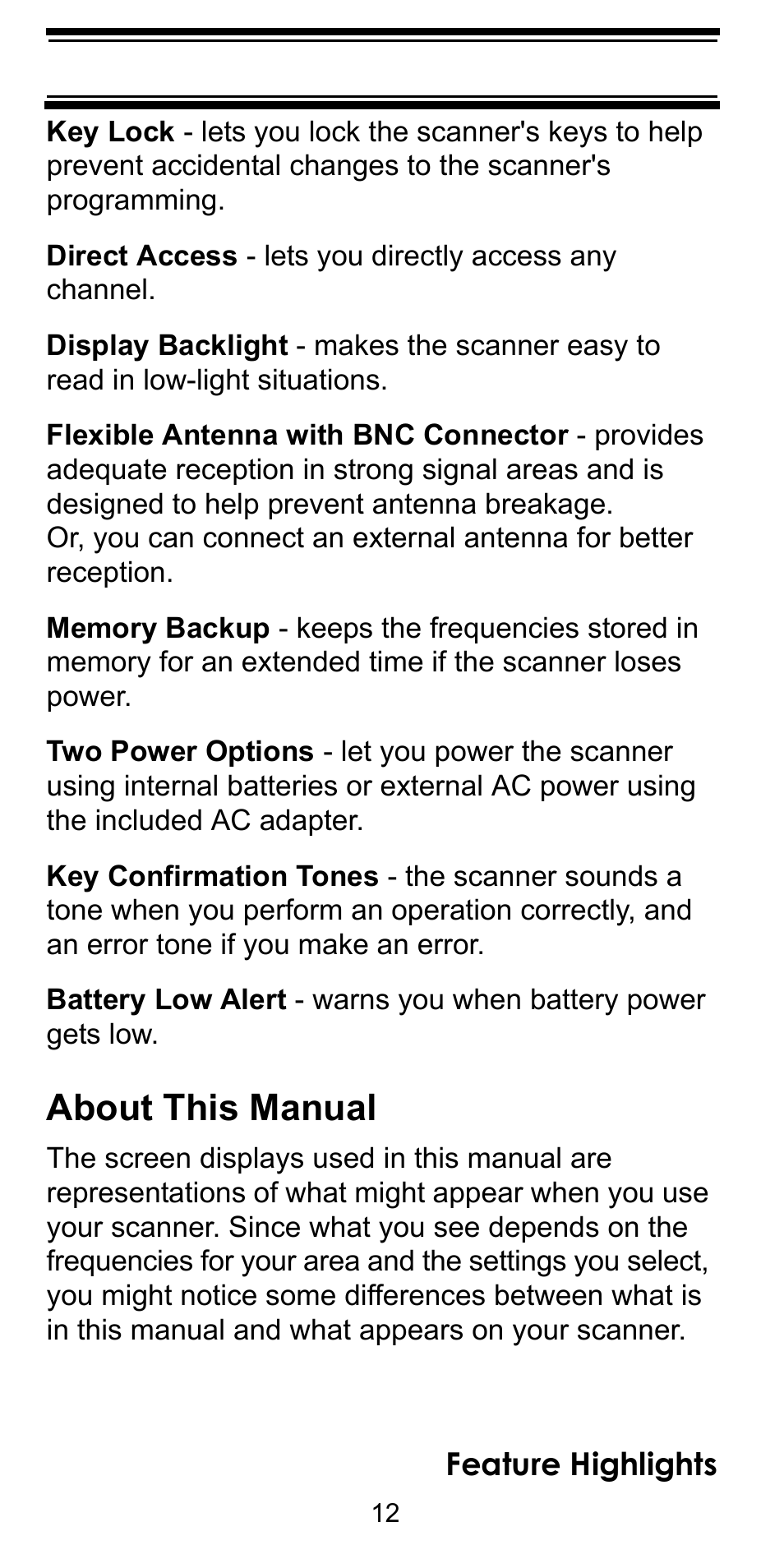 About this manual, Feature highlights | Uniden BC92XLT User Manual | Page 12 / 64