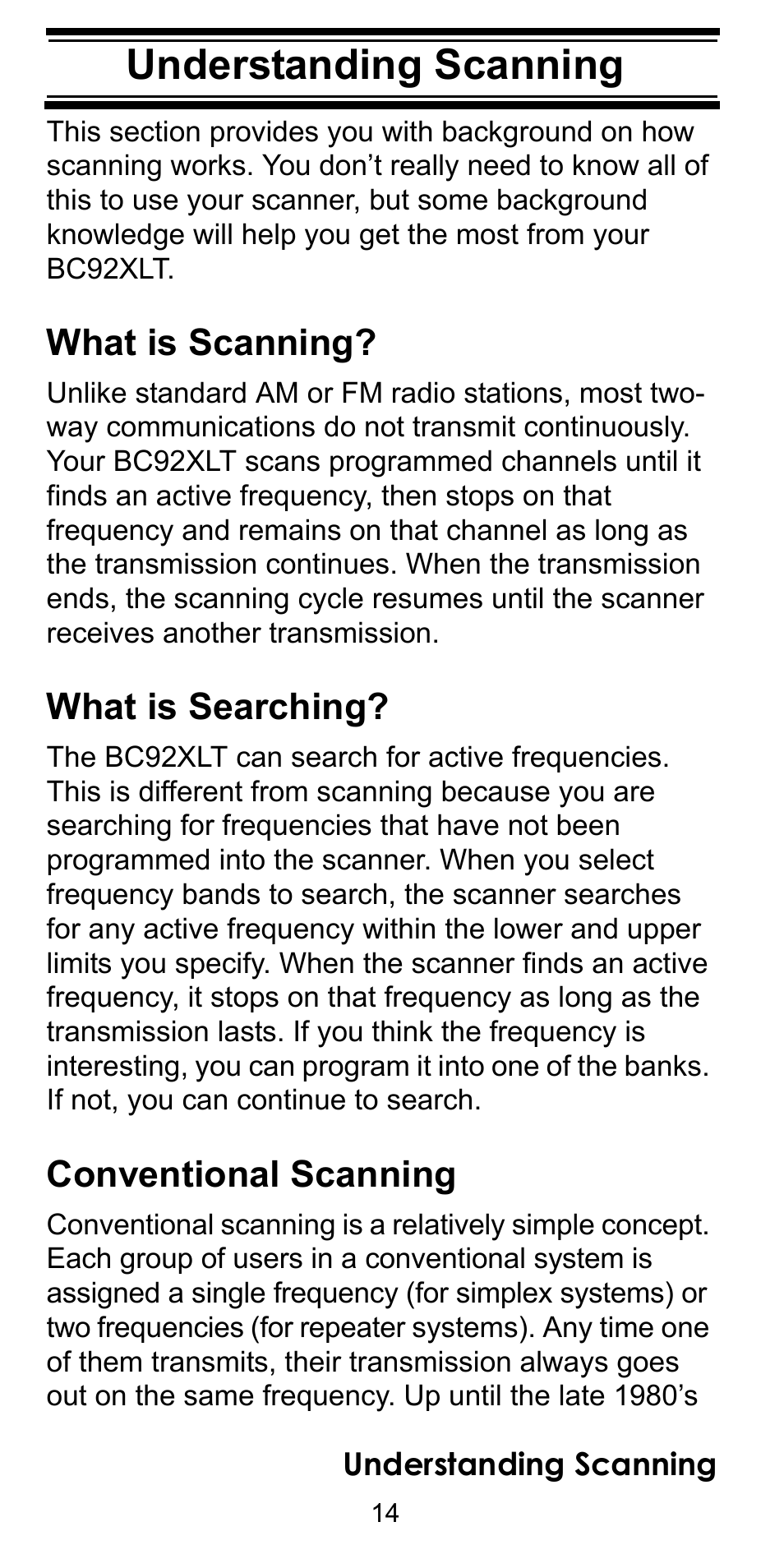 Understanding scanning, What is scanning, What is searching | Conventional scanning | Uniden BC92XLT User Manual | Page 14 / 64