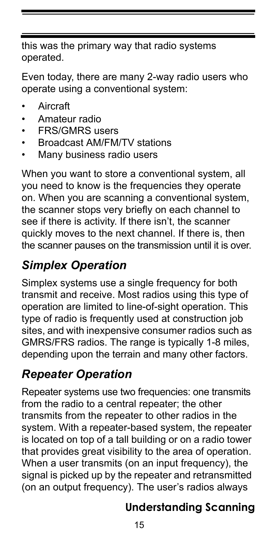 Simplex operation, Repeater operation | Uniden BC92XLT User Manual | Page 15 / 64