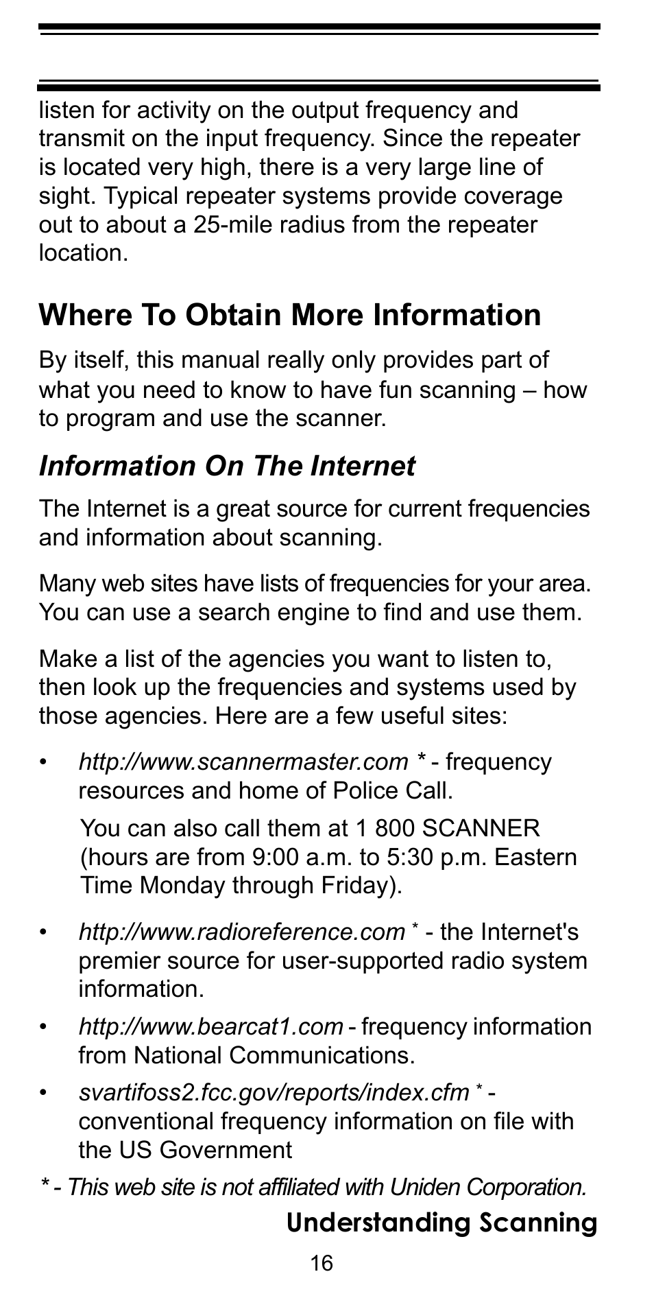 Where to obtain more information, Information on the internet, Understanding scanning | Uniden BC92XLT User Manual | Page 16 / 64