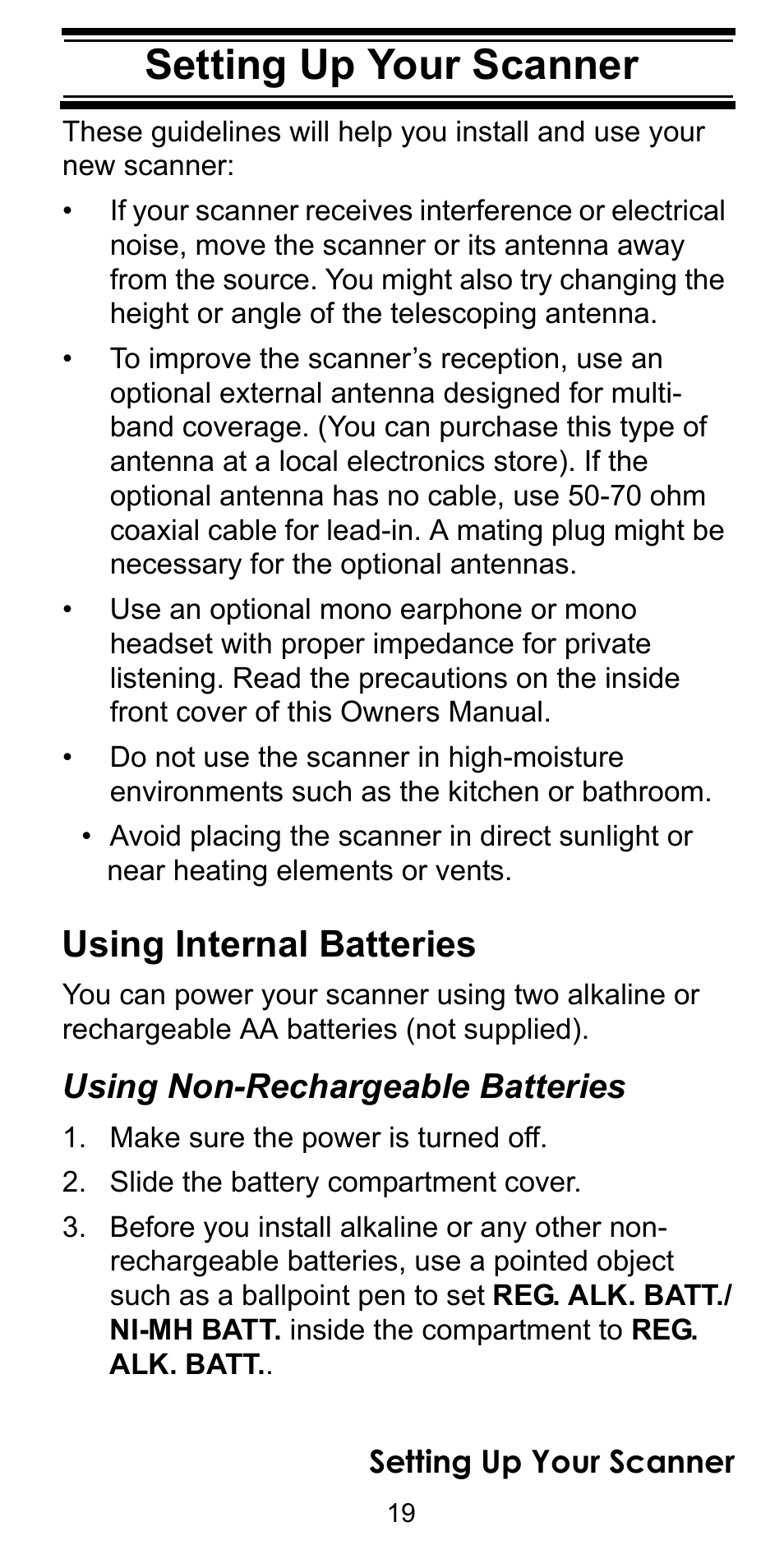 Using internal batteries, Make sure the power is turned off, Slide the battery compartment cover | Setting up your scanner, Using non-rechargeable batteries | Uniden BC92XLT User Manual | Page 19 / 64