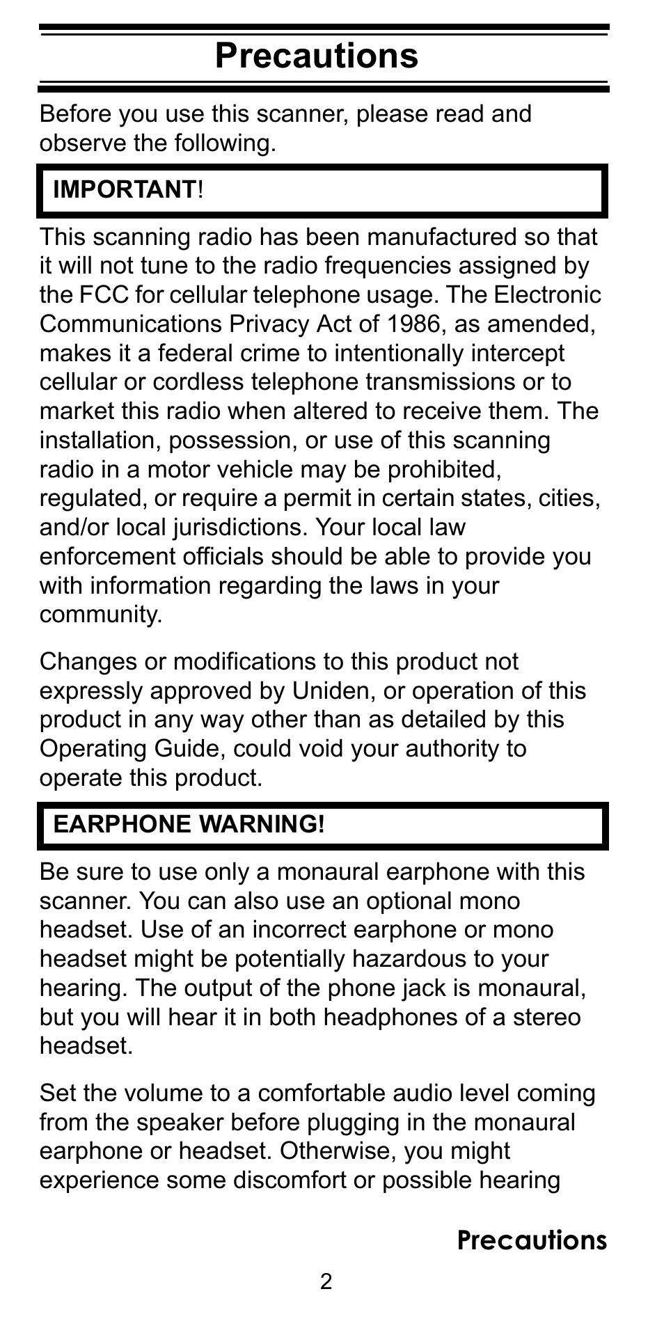 Precautions | Uniden BC92XLT User Manual | Page 2 / 64