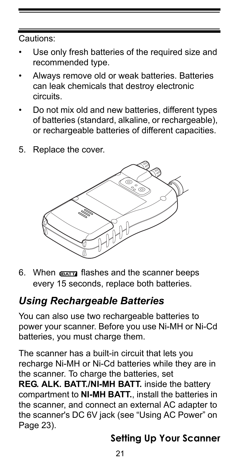 Replace the cover, Using rechargeable batteries, Setting up your scanner | Uniden BC92XLT User Manual | Page 21 / 64