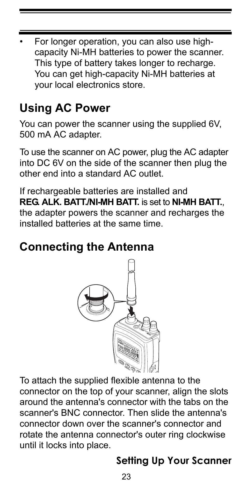 Using ac power, Connecting the antenna | Uniden BC92XLT User Manual | Page 23 / 64