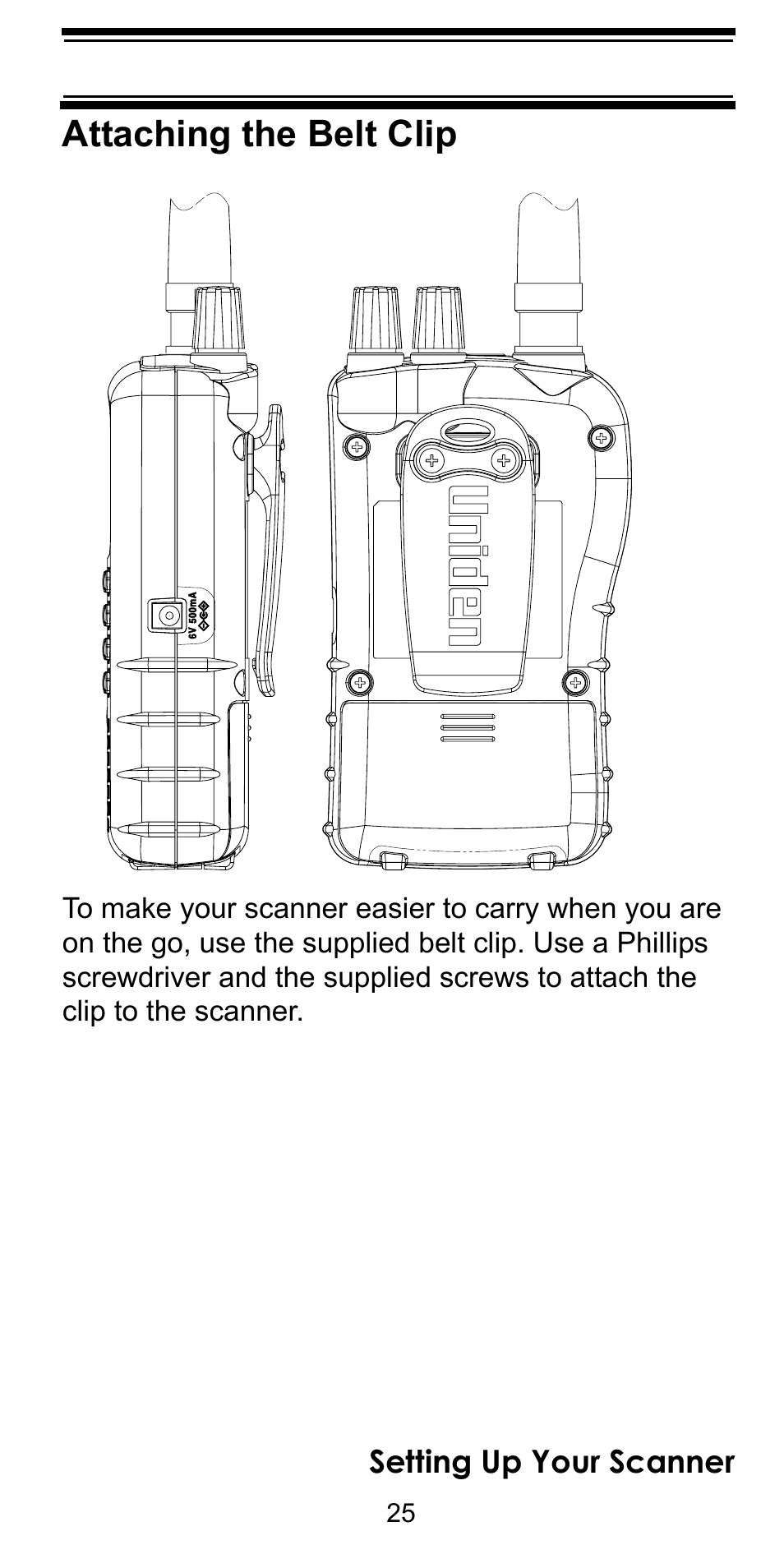 Attaching the belt clip | Uniden BC92XLT User Manual | Page 25 / 64