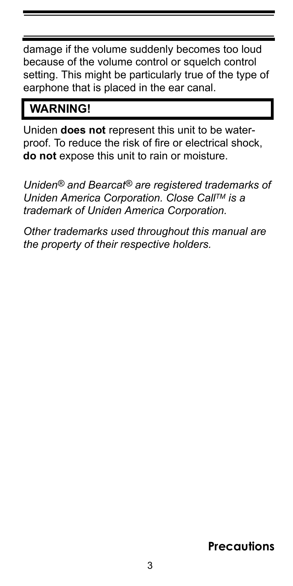 Precautions, Warning | Uniden BC92XLT User Manual | Page 3 / 64