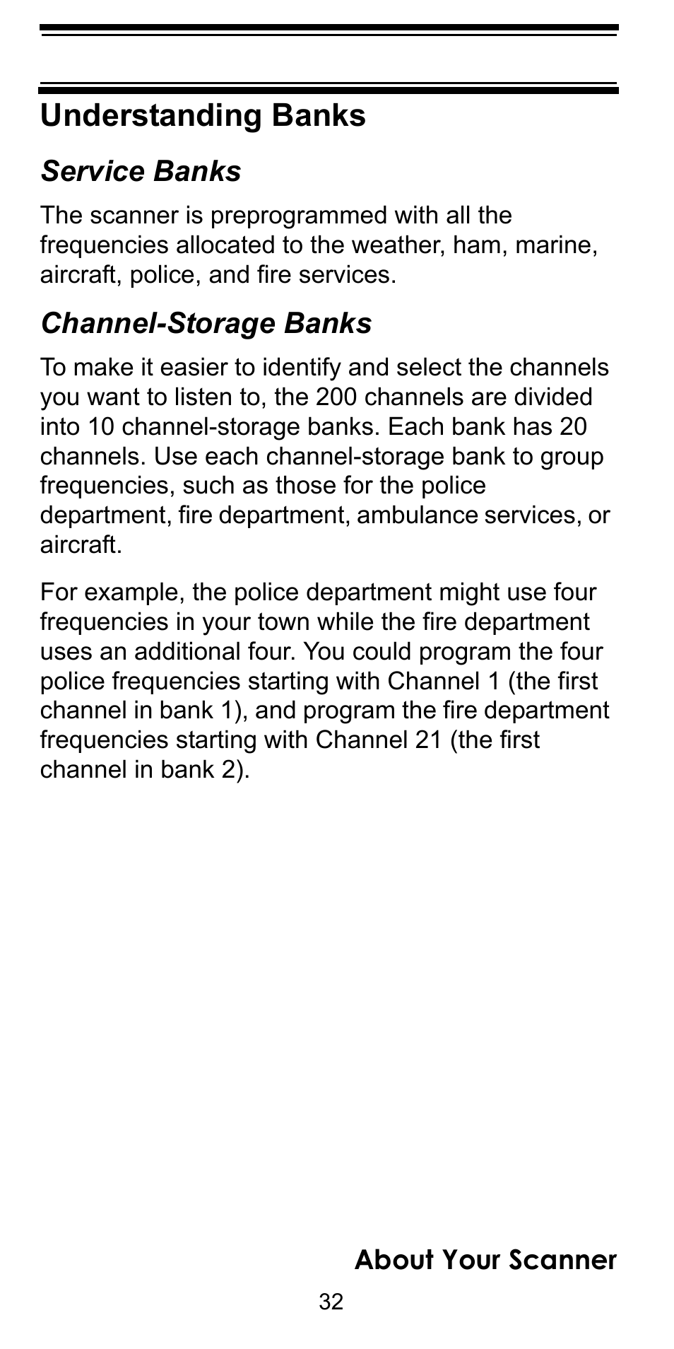 Understanding banks, Service banks, Channel-storage banks | Uniden BC92XLT User Manual | Page 32 / 64