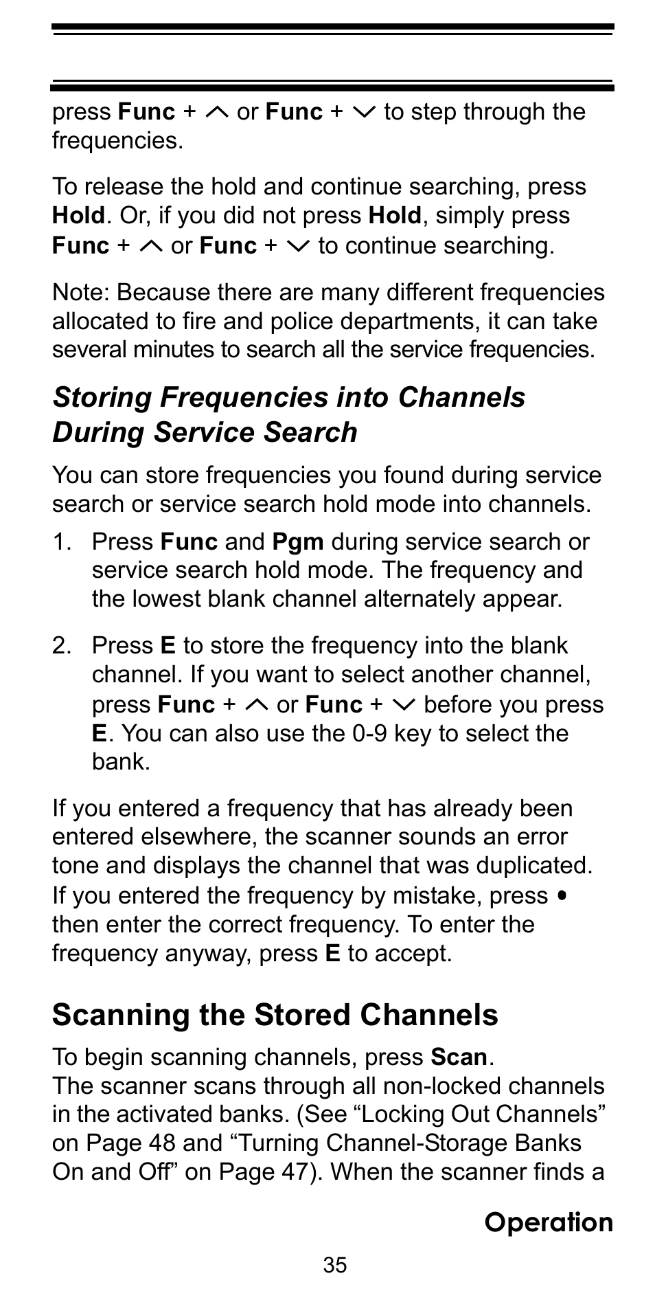 Scanning the stored channels, Storing frequencies into channels, During service search | Uniden BC92XLT User Manual | Page 35 / 64