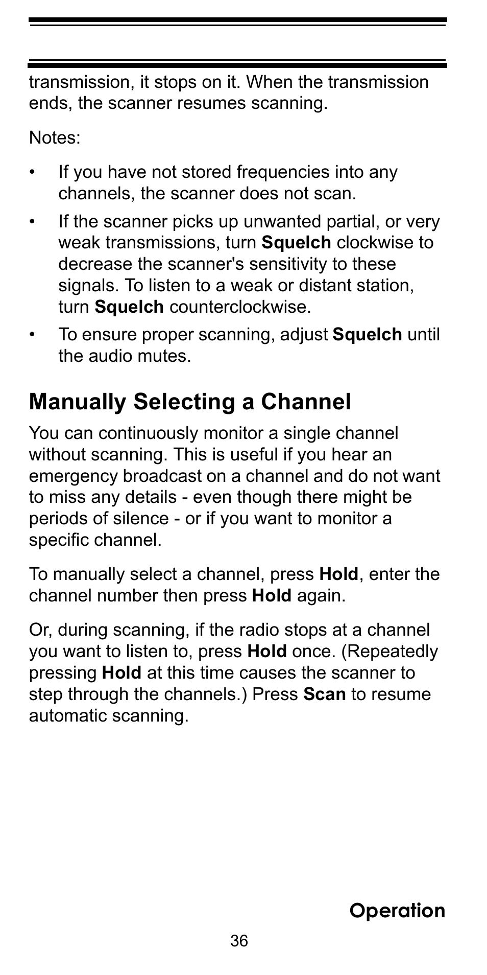 Manually selecting a channel, Operation | Uniden BC92XLT User Manual | Page 36 / 64