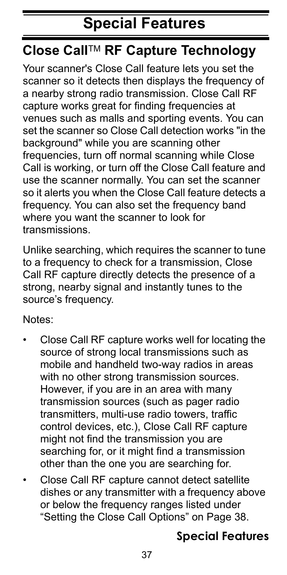 Special features, Close calltm rf capture technology, Special features close call | Rf capture technology | Uniden BC92XLT User Manual | Page 37 / 64