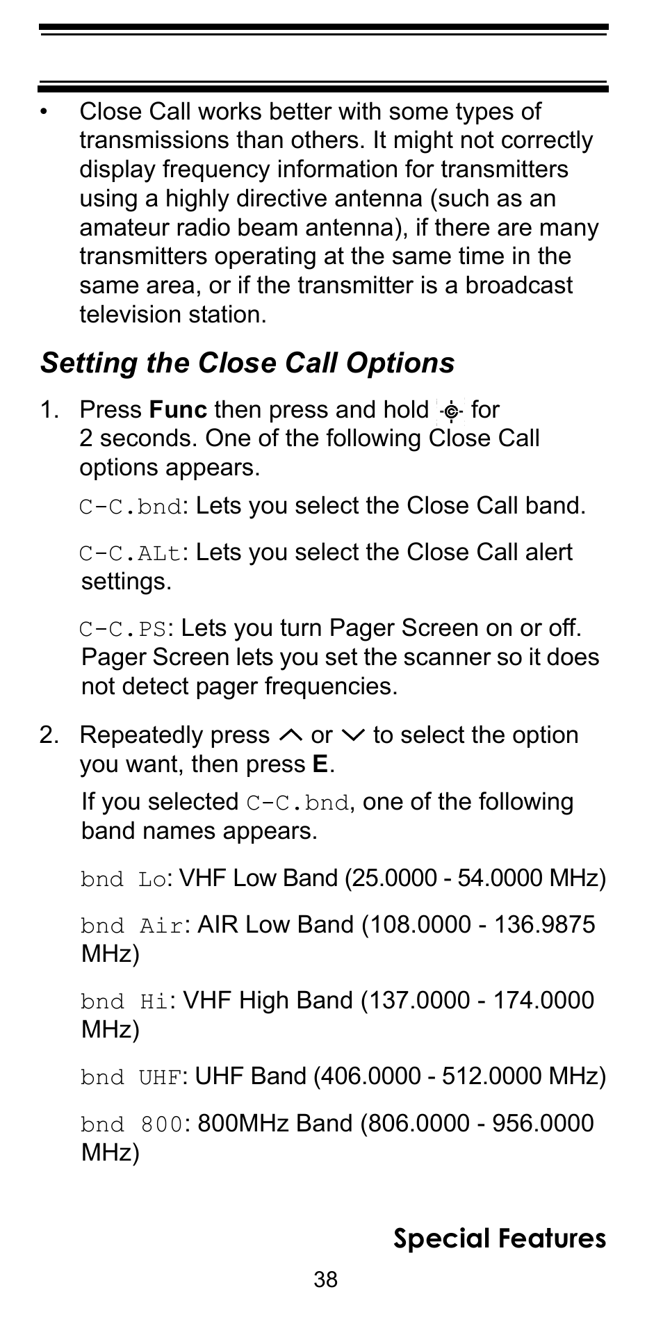 Setting the close call options, Special features | Uniden BC92XLT User Manual | Page 38 / 64