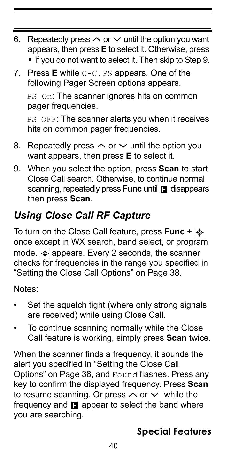 Using close call rf capture, Special features | Uniden BC92XLT User Manual | Page 40 / 64