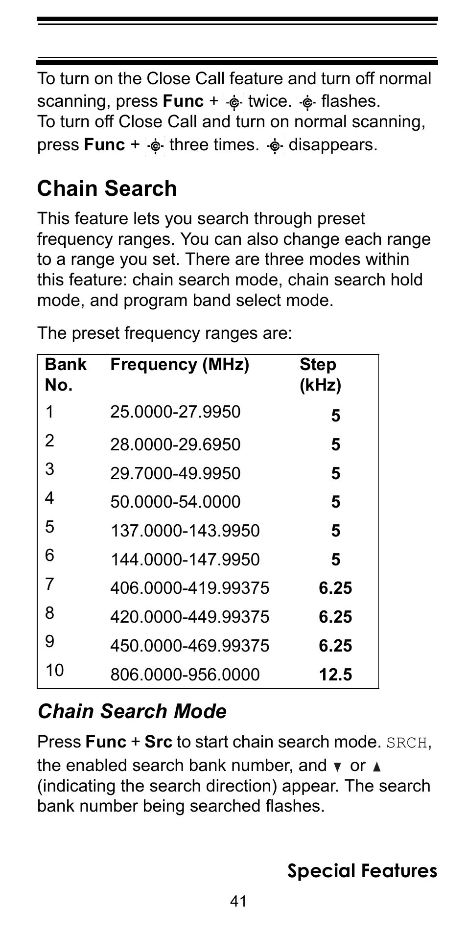 Chain search, Chain search mode, Special features | Uniden BC92XLT User Manual | Page 41 / 64
