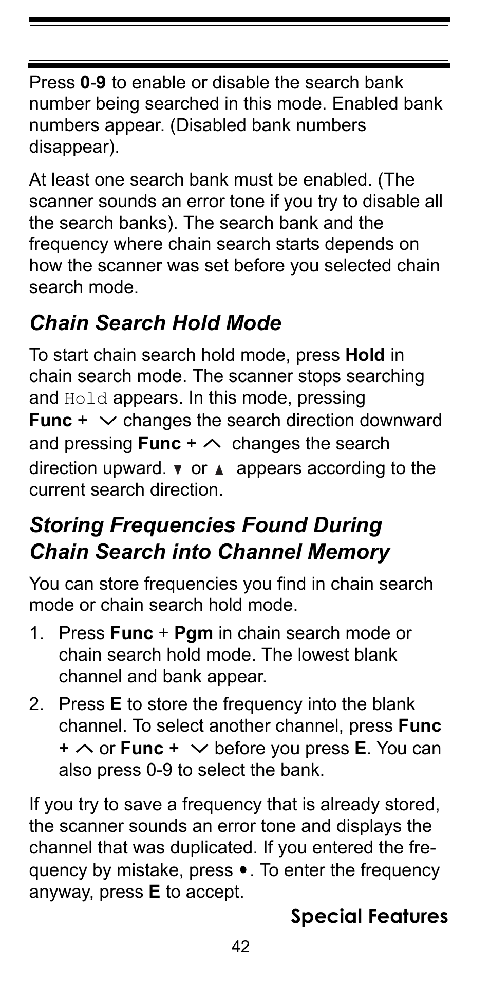 Chain search hold mode, Storing frequencies found during | Uniden BC92XLT User Manual | Page 42 / 64