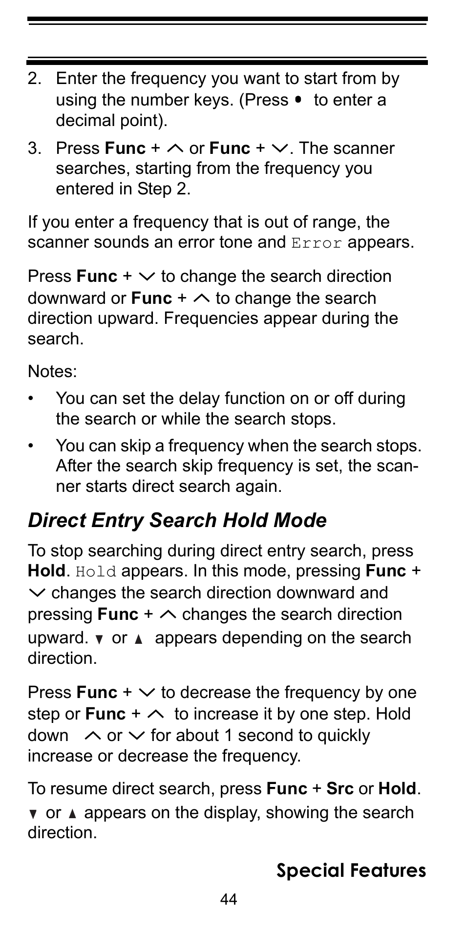 Direct entry search hold mode, Special features | Uniden BC92XLT User Manual | Page 44 / 64