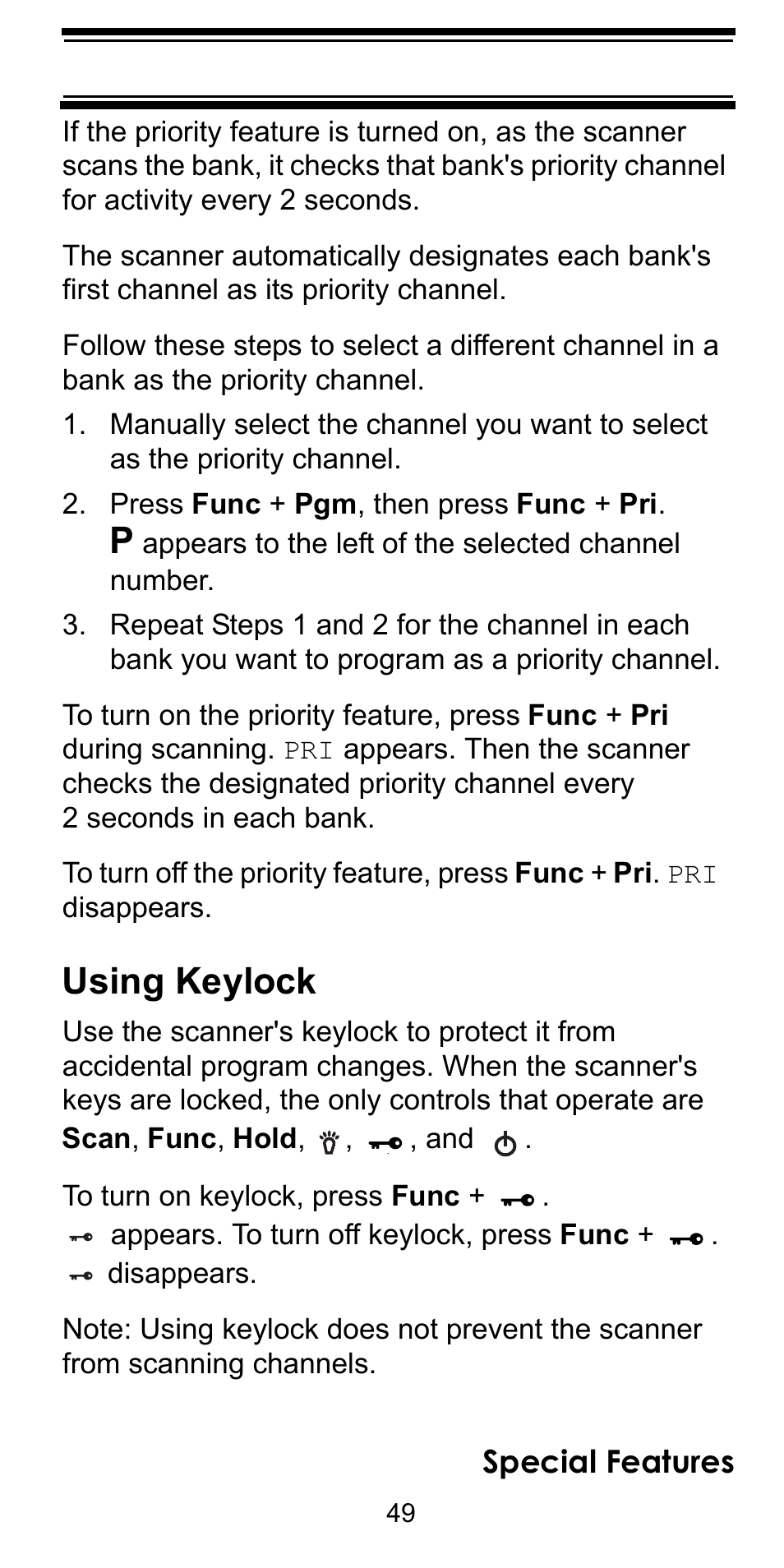 Using keylock | Uniden BC92XLT User Manual | Page 49 / 64