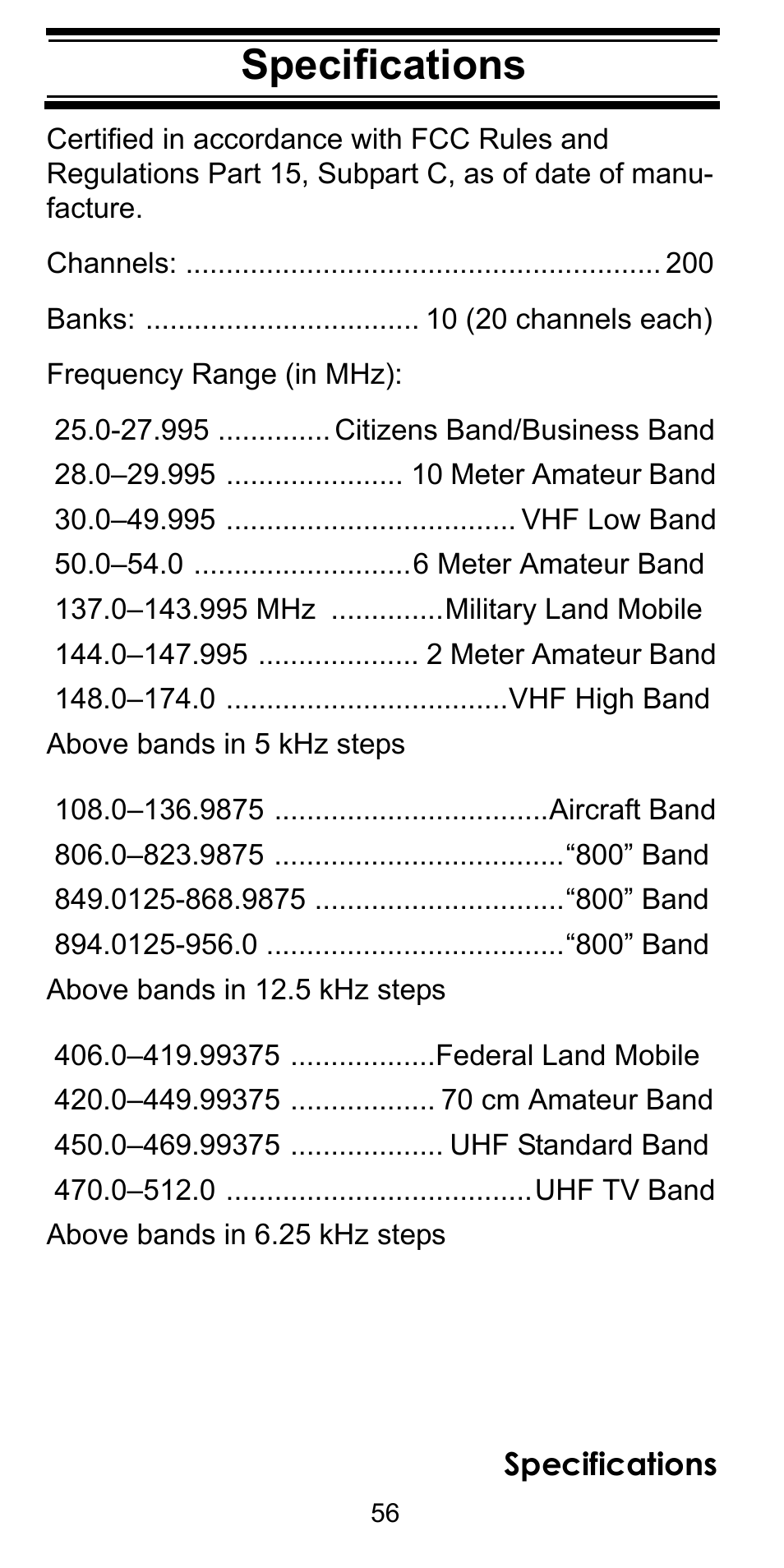 Specifications | Uniden BC92XLT User Manual | Page 56 / 64