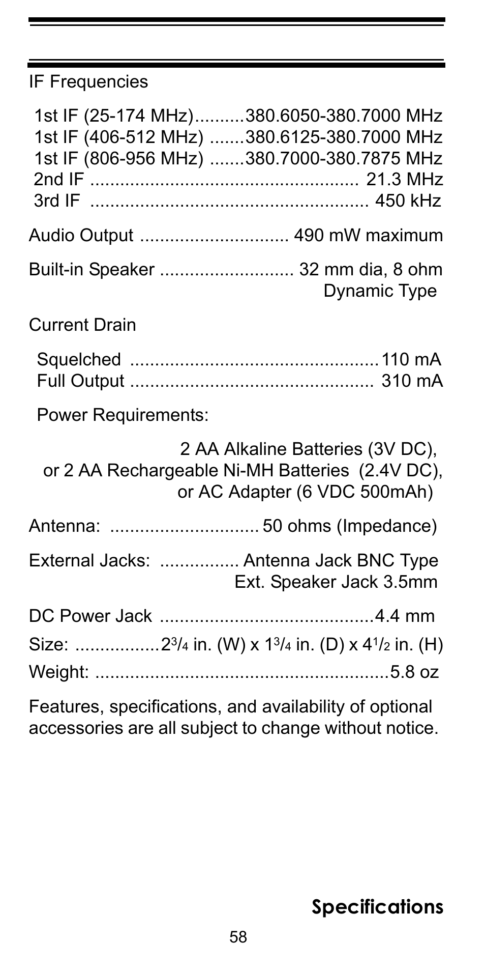 Specifications | Uniden BC92XLT User Manual | Page 58 / 64