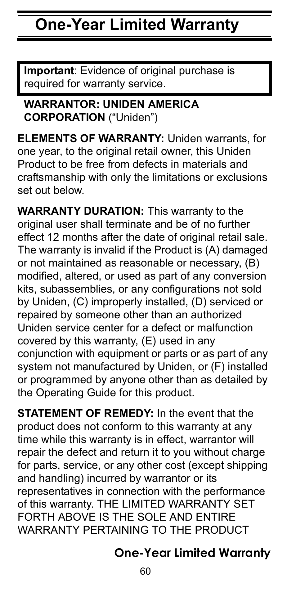 One-year limited warranty, One-year limited war- ranty | Uniden BC92XLT User Manual | Page 60 / 64