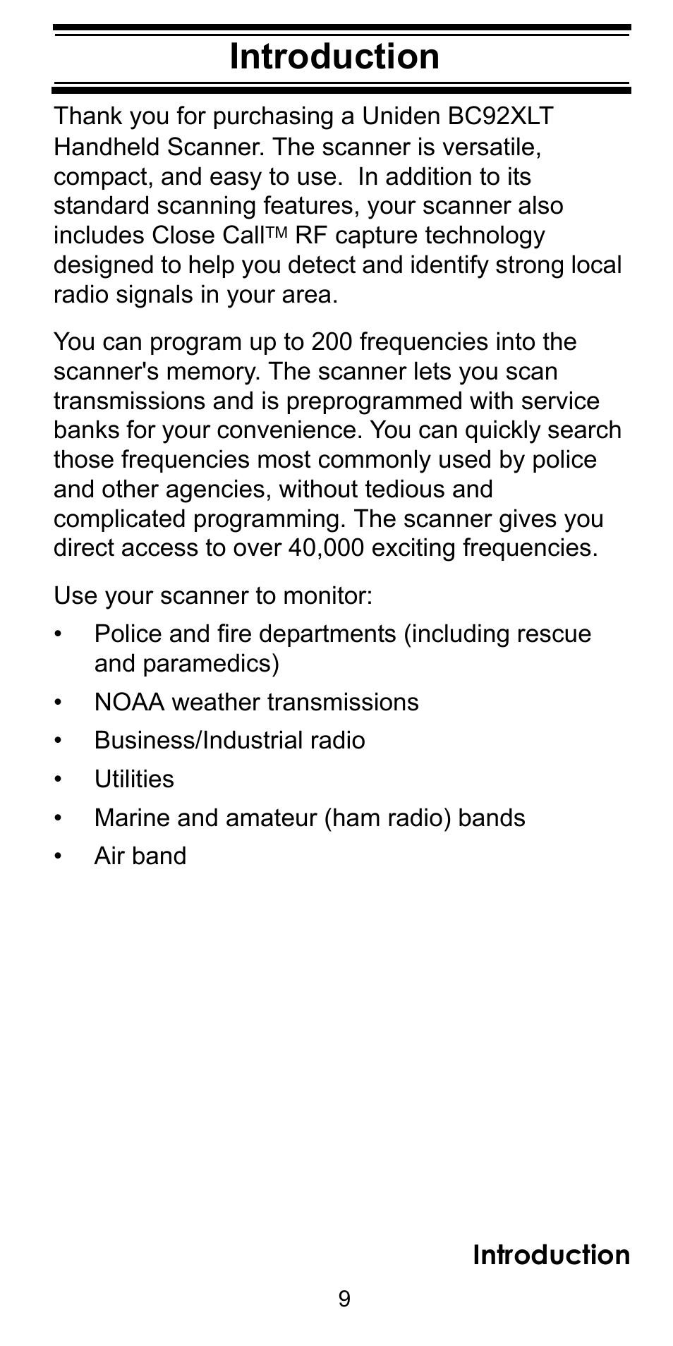 Introduction | Uniden BC92XLT User Manual | Page 9 / 64