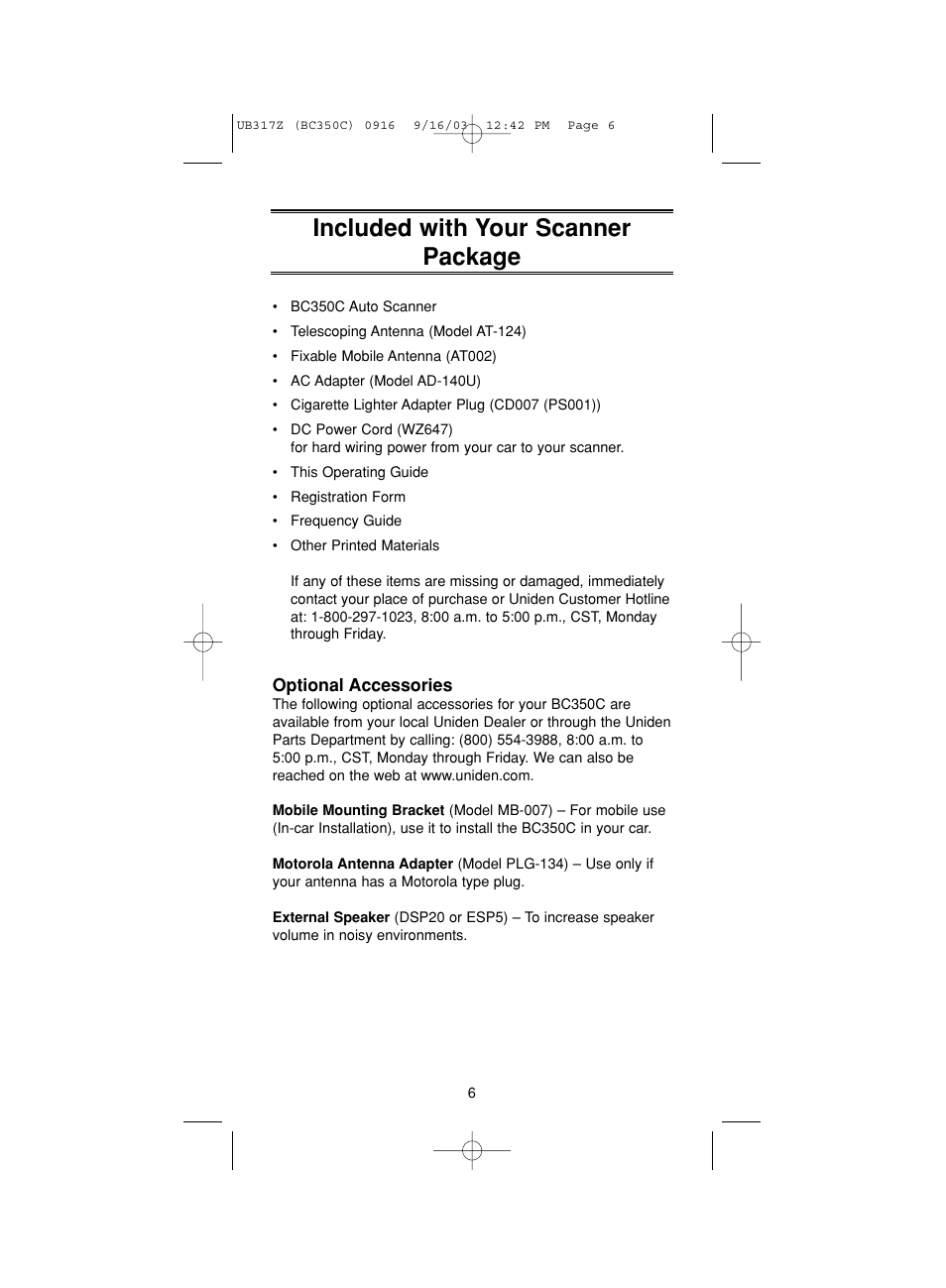 Included with your scanner package | Uniden BC350C User Manual | Page 10 / 40