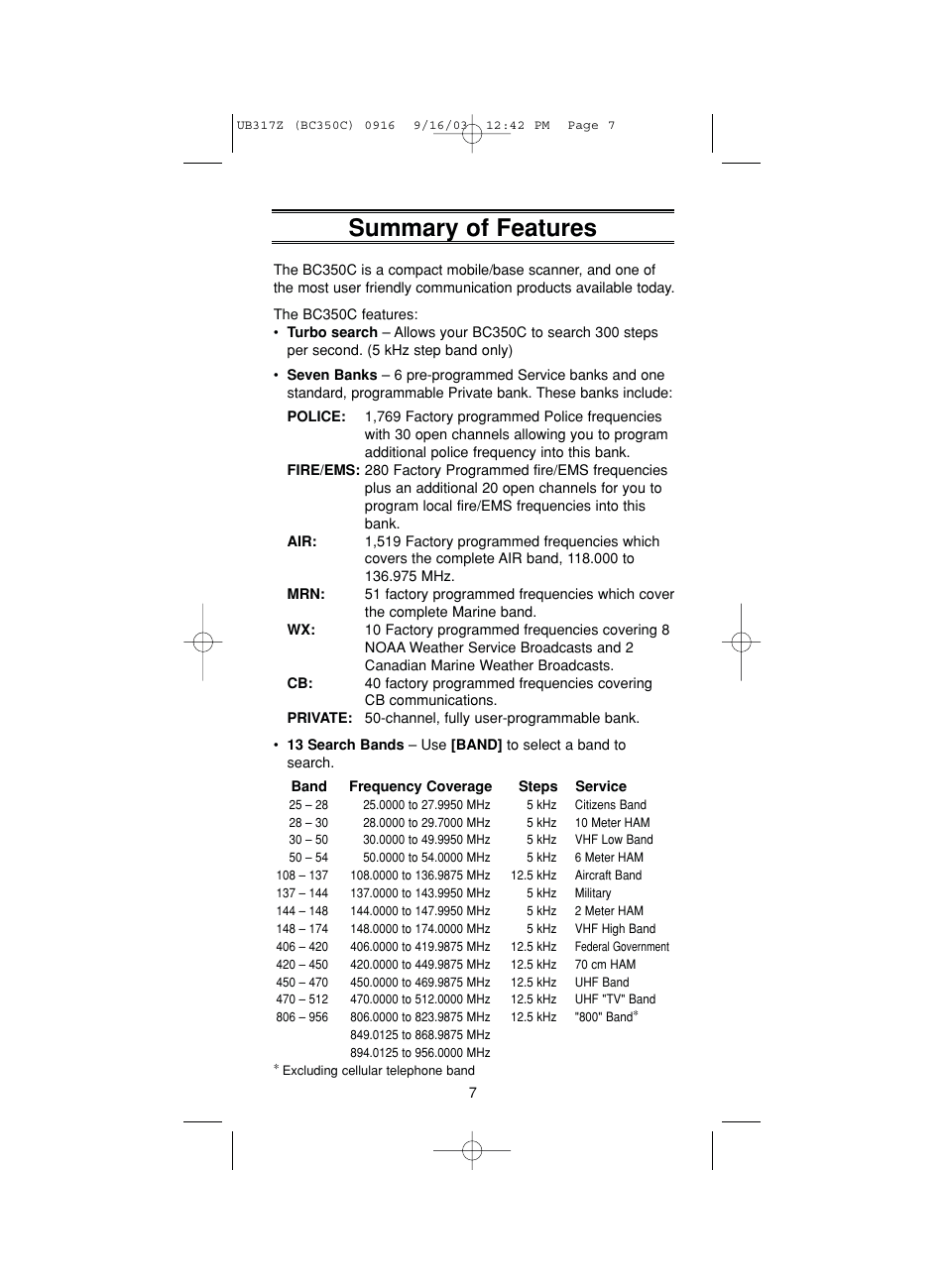 Summary of features | Uniden BC350C User Manual | Page 11 / 40