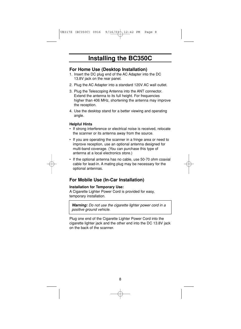 Installing the bc350c | Uniden BC350C User Manual | Page 12 / 40