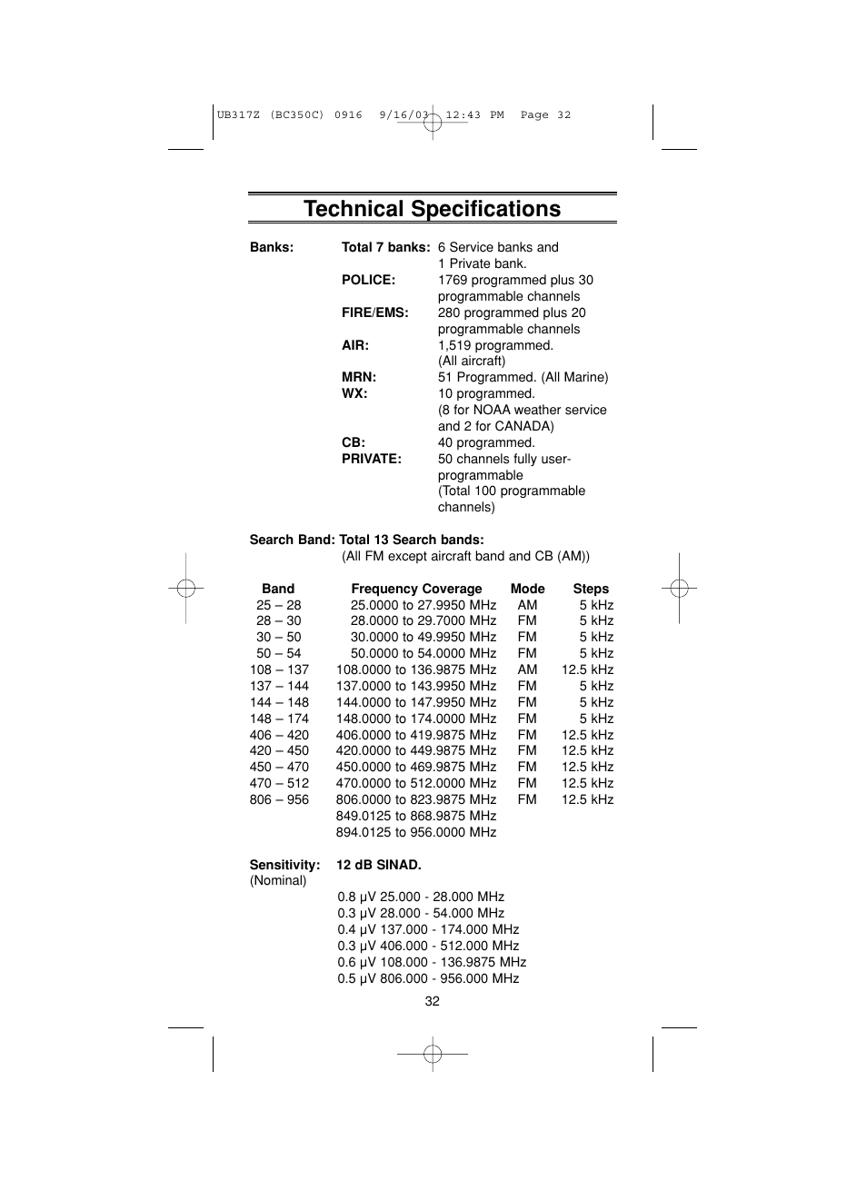 Technical specifications | Uniden BC350C User Manual | Page 36 / 40