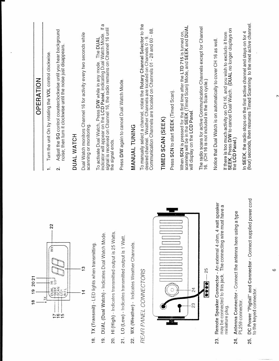 Operation, Dual watch, Manual tuning | Timed scan (seek), Dual v'/atch | Uniden LTD 715 User Manual | Page 5 / 9