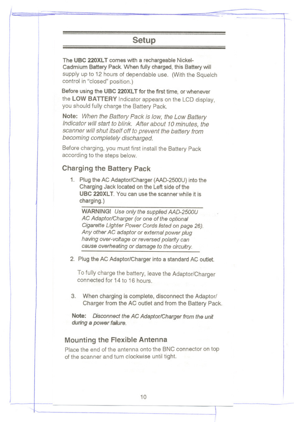 Setup, Charging the battery pack, Mounting the flexible antenna | Uniden UBC220XLT User Manual | Page 12 / 30