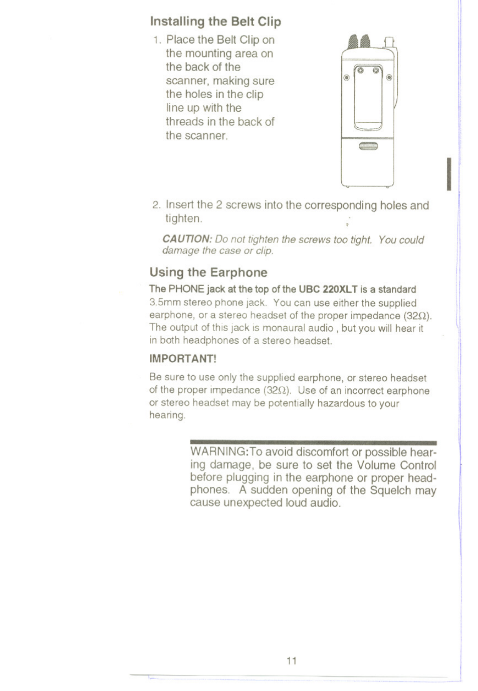 Installing the belt clip, Using the earphone, Installing the belt clip using the earphone | Uniden UBC220XLT User Manual | Page 13 / 30