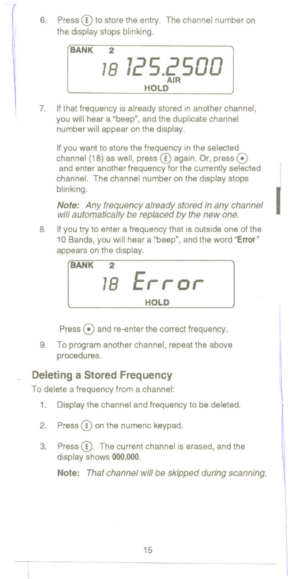 Fisank, Hold, Deleting a stored frequency | Deleling a stored frequency, Bs.bsoo | Uniden UBC220XLT User Manual | Page 17 / 30
