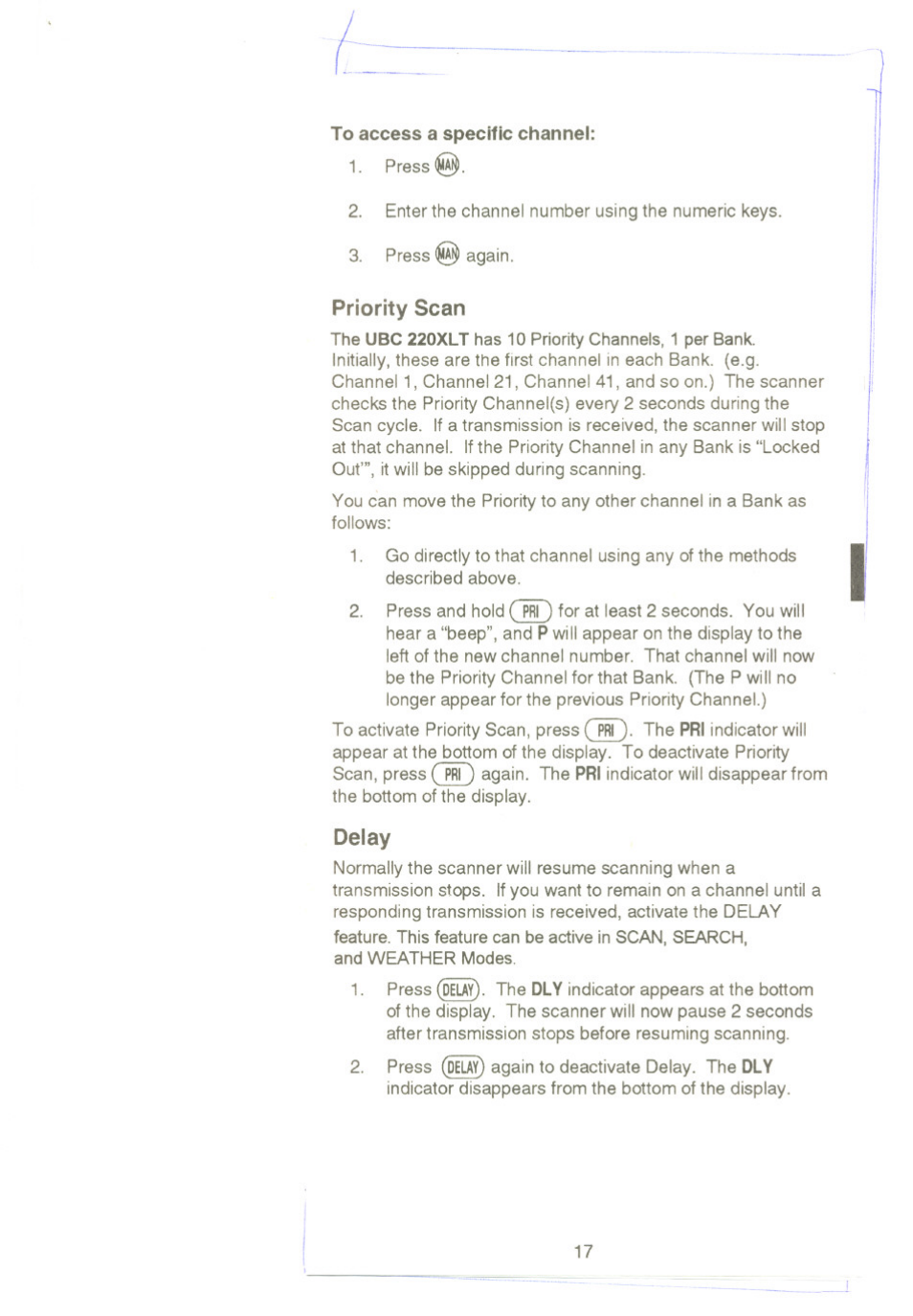 Priority scan, Delay, Priority scan delay | Uniden UBC220XLT User Manual | Page 19 / 30
